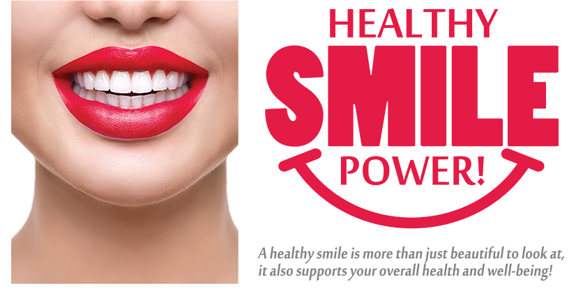 The image is a promotional graphic for a business named Smile Smile Power, which provides healthy smile services. It features a close-up of a person s face with red lipstick and the text HEALTHY SMILE POWER in bold, capitalized letters.